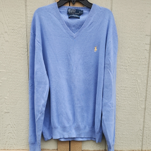 Polo Ralph Lauren V Neck Pima Cotton Pullover Sweater Powder Blue Classic Large - Picture 1 of 5